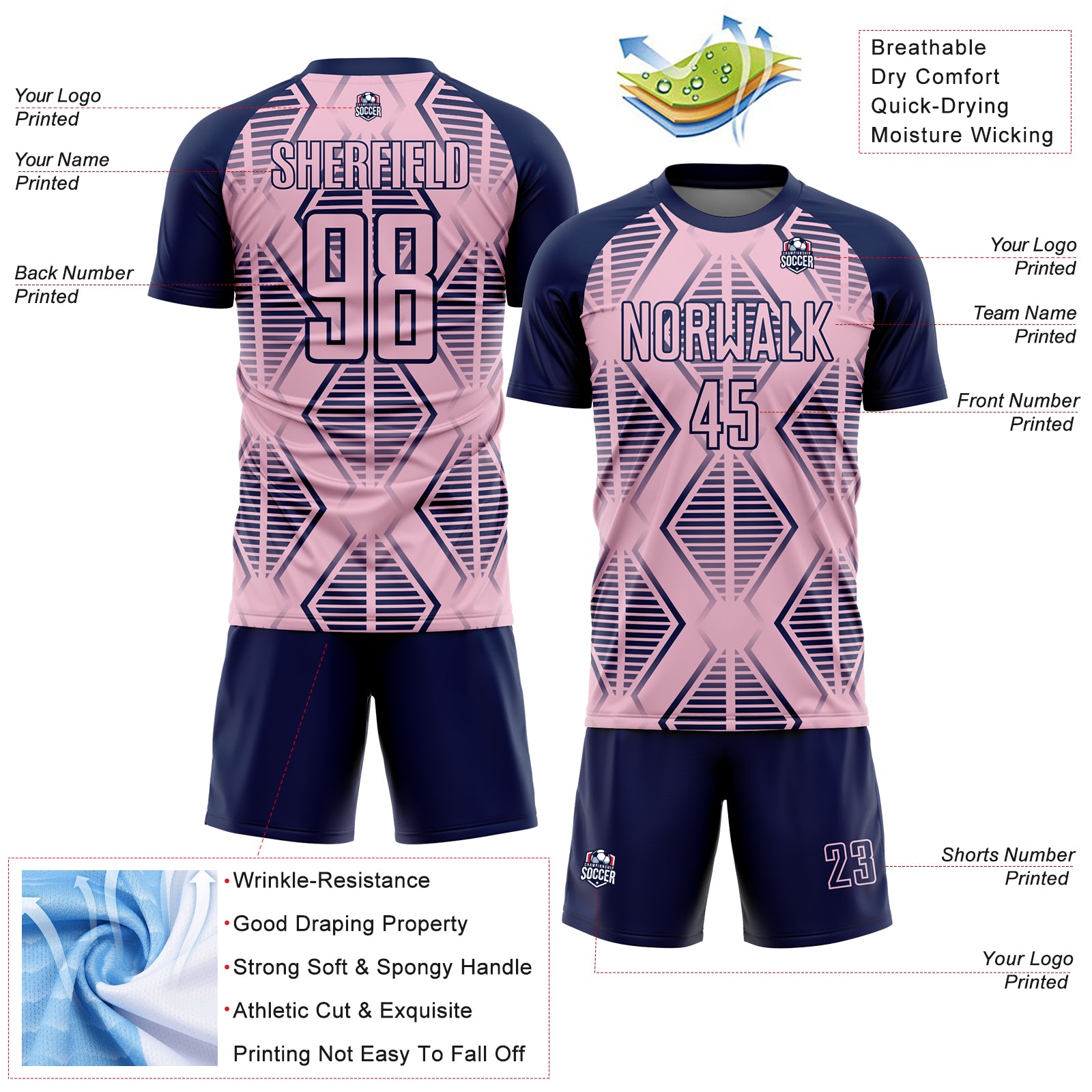 Personalized Light Pink Navy Geometric Shapes Sublimation Soccer Uniform Jersey Team Custom Name and Number Personalized Soccer Uniform Jersey with Custom Name and Number, Light Pink Navy Geometric Shapes Design Personalized Light - Image 4