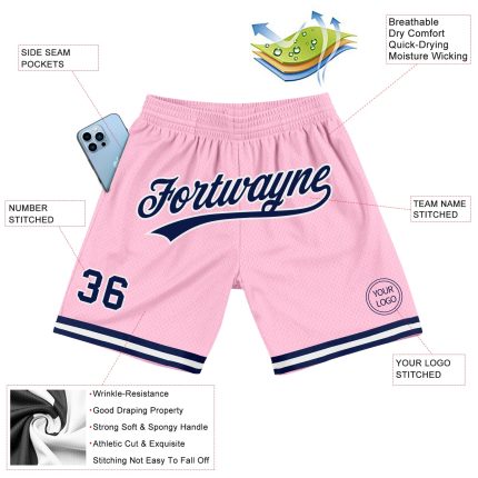 Personalized Light Pink Navy White Basketball Shorts Authentic Throwback Personalized Light Pink Navy-White Authentic Throwback