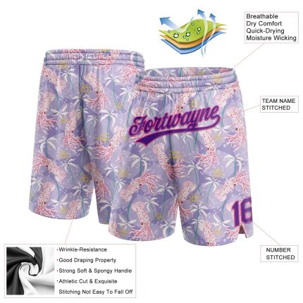Custom Name and Number 3D Pattern Basketball Shorts Hawaii Palm Trees Light Pink Purple-Pink Design Personalized Light Pink