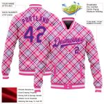 Personalized 3D Pattern Light Pink Purple Check Varsity Bomber Full-Snap Letterman Jacket Personalized Light Pink Purple-Pink