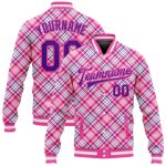 Personalized 3D Pattern Light Pink Purple Check Varsity Bomber Full-Snap Letterman Jacket Personalized Light Pink Purple-Pink