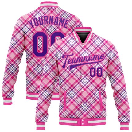 Personalized 3D Pattern Light Pink Purple Check Varsity Bomber Full-Snap Letterman Jacket Personalized Light Pink Purple-Pink