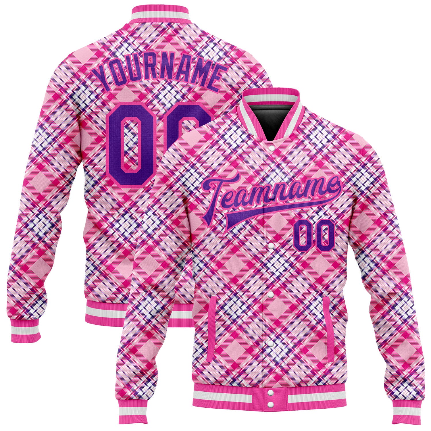 Personalized 3D Pattern Light Pink Purple Check Varsity Bomber Full-Snap Letterman Jacket Personalized Light Pink Purple-Pink