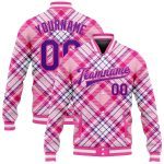 Custom Name and Number 3D Pattern Bomber Varsity Jacket - Light Pink Purple-Pink Check Design Personalized Light Pink Purple-Pink