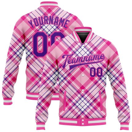 Custom Name and Number 3D Pattern Bomber Varsity Jacket - Light Pink Purple-Pink Check Design Personalized Light Pink Purple-Pink