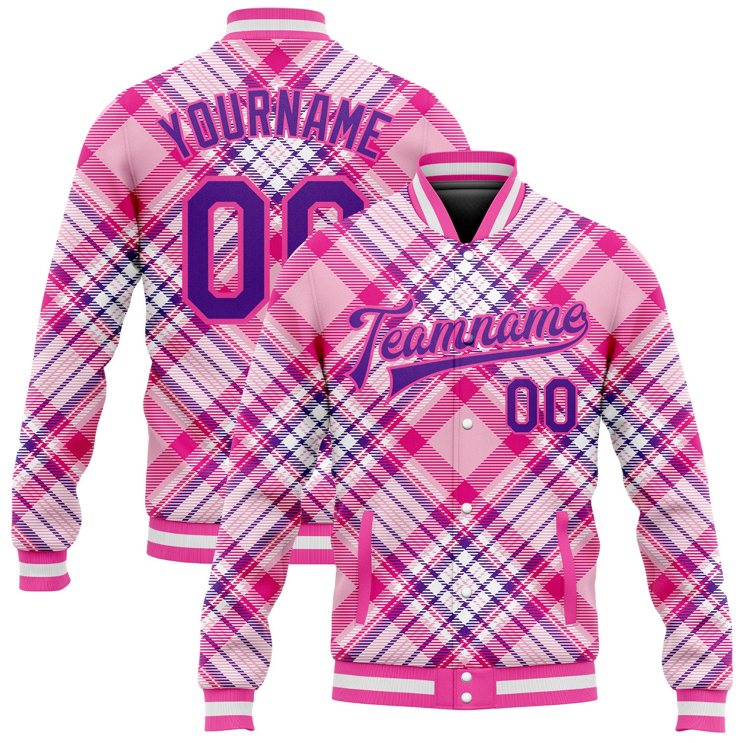 Custom Name and Number 3D Pattern Bomber Varsity Jacket - Light Pink Purple-Pink Check Design Personalized Light Pink Purple-Pink
