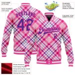 Custom Name and Number 3D Pattern Bomber Varsity Jacket - Light Pink Purple-Pink Check Design Personalized Light Pink Purple-Pink