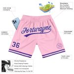 Personalized Authentic Basketball Shorts in Light Pink Purple-White, Retro Style Personalized Light Pink Purple-White Authentic