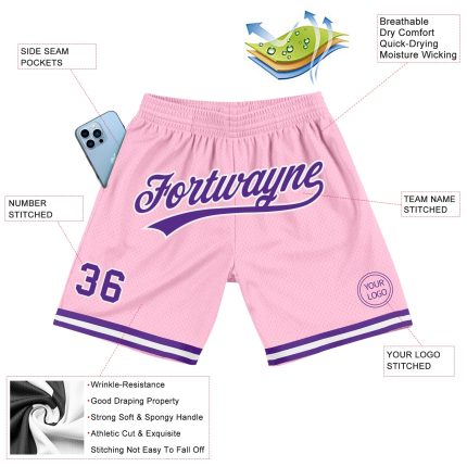 Personalized Authentic Basketball Shorts in Light Pink Purple-White, Retro Style Personalized Light Pink Purple-White Authentic