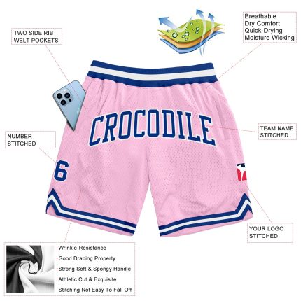 Custom Name and Number Authentic Basketball Shorts - Light Pink and Royal-White Throwback Design Personalized Light Pink