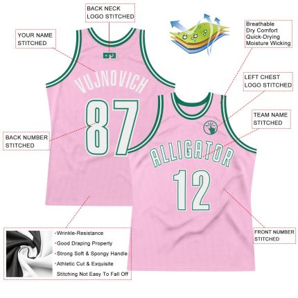Custom Name Number Personalized Light Pink White Kelly Green Basketball Jersey Authentic Throwback Team Gear Personalized
