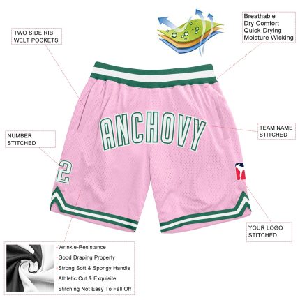 Custom Personalized Basketball Shorts with Name and Number in Light Pink and Kelly Green - Authentic Throwback Style Personalized