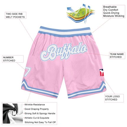 Custom Name and Number Authentic Throwback Basketball Shorts Light Pink White Light Blue Personalized Light Pink White-Light