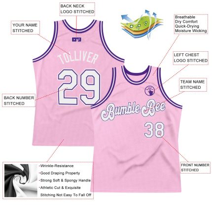 Personalized Custom Basketball Jersey with Name and Number - Light Pink White-Purple Authentic Throwback Design Personalized