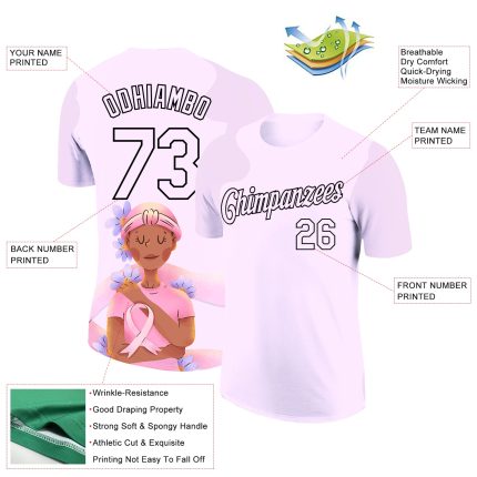 Custom 3D Pink Ribbon Breast Cancer T-Shirt with Name and Number - Light Purple & Black Performance Tee Personalized Light