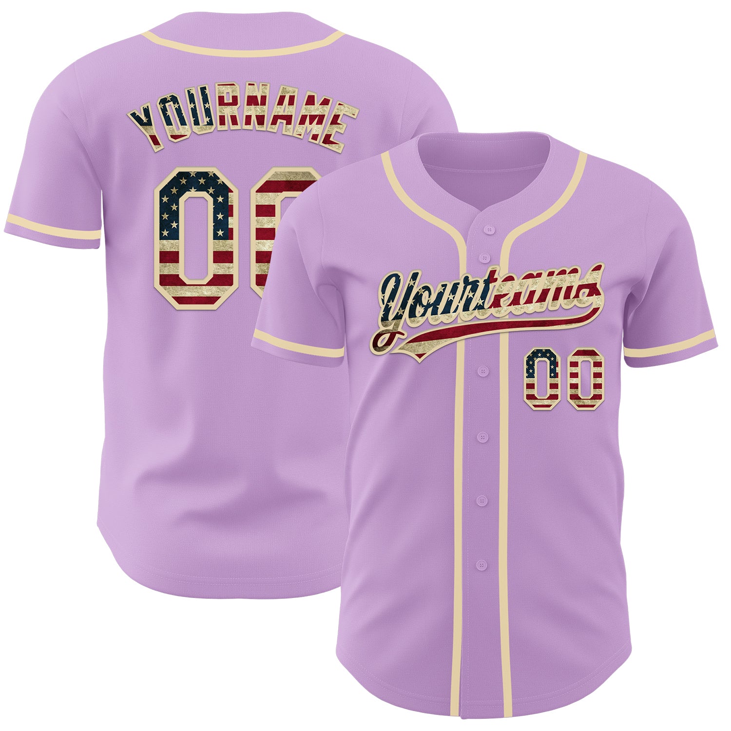Custom Name and Number Light Purple Vintage USA Flag Baseball Jersey - Cream Authentic Team Apparel Personalized Light Purple