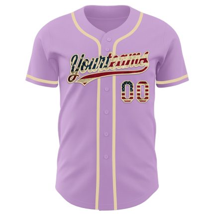 Custom Name and Number Light Purple Vintage USA Flag Baseball Jersey - Cream Authentic Team Apparel Personalized Light Purple