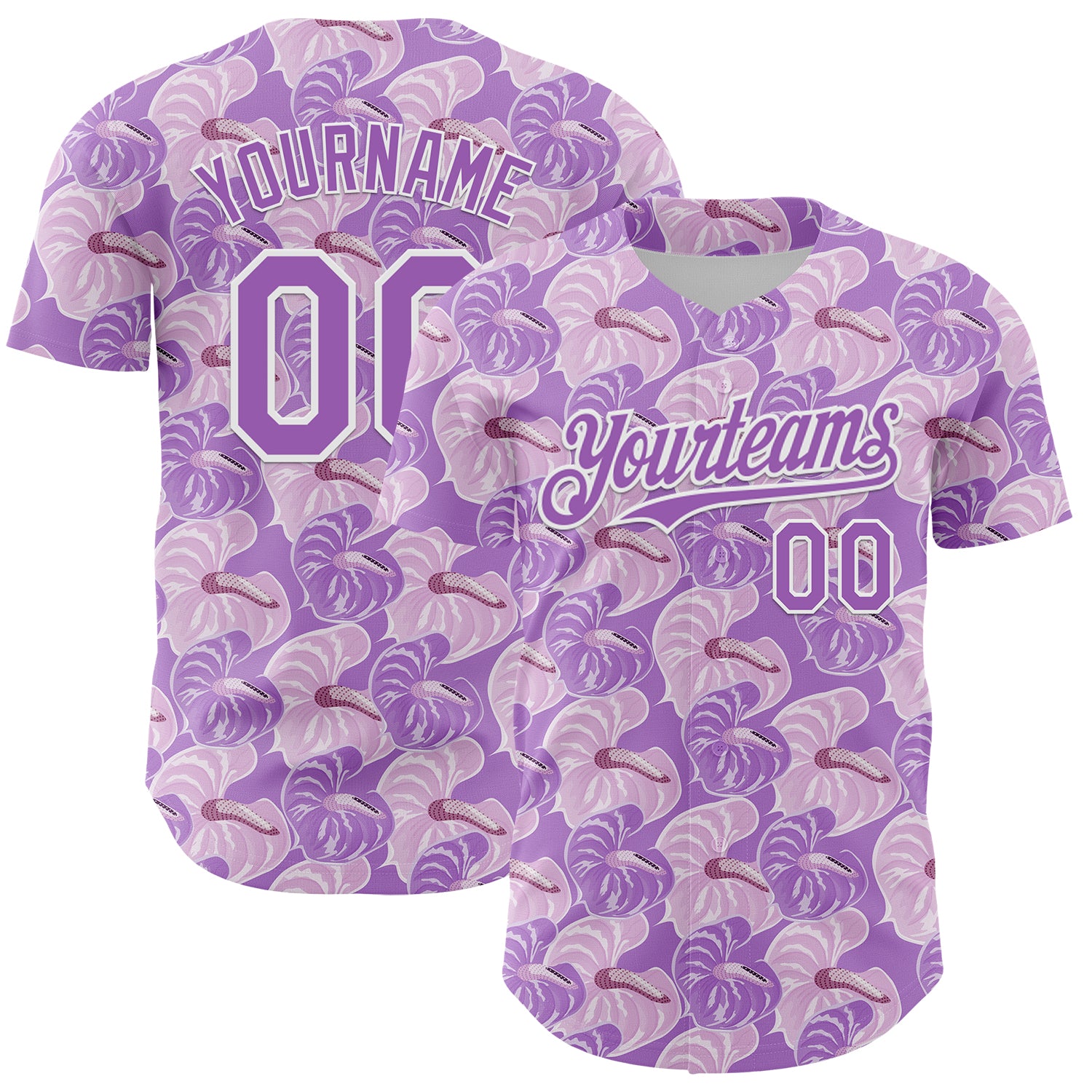 Custom Name and Number Tropical Anthurium Flower Baseball Jersey - Light Purple 3D Pattern Design Personalized Light Purple