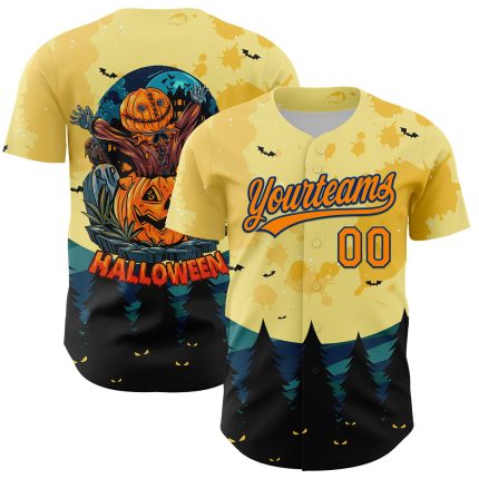Personalized Halloween Baseball Jersey - Light Yellow Bay Orange & Navy Blue 3D Pattern with Custom Name and Number Personalized