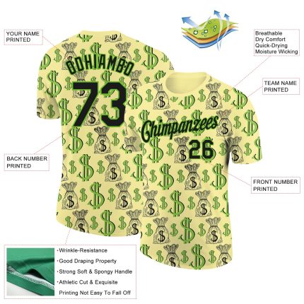 Personalized Dollar Sign Money Theme Performance T-Shirt with Custom Name & Number - Light Yellow Black-Aurora Green 3D Pattern Design