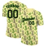 Personalized Dollar Sign Money Theme Performance T-Shirt with Custom Name & Number - Light Yellow Black-Aurora Green 3D Pattern Design