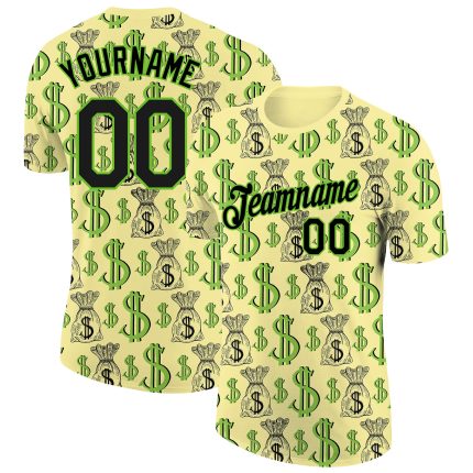 Personalized Dollar Sign Money Theme Performance T-Shirt with Custom Name & Number - Light Yellow Black-Aurora Green 3D Pattern Design