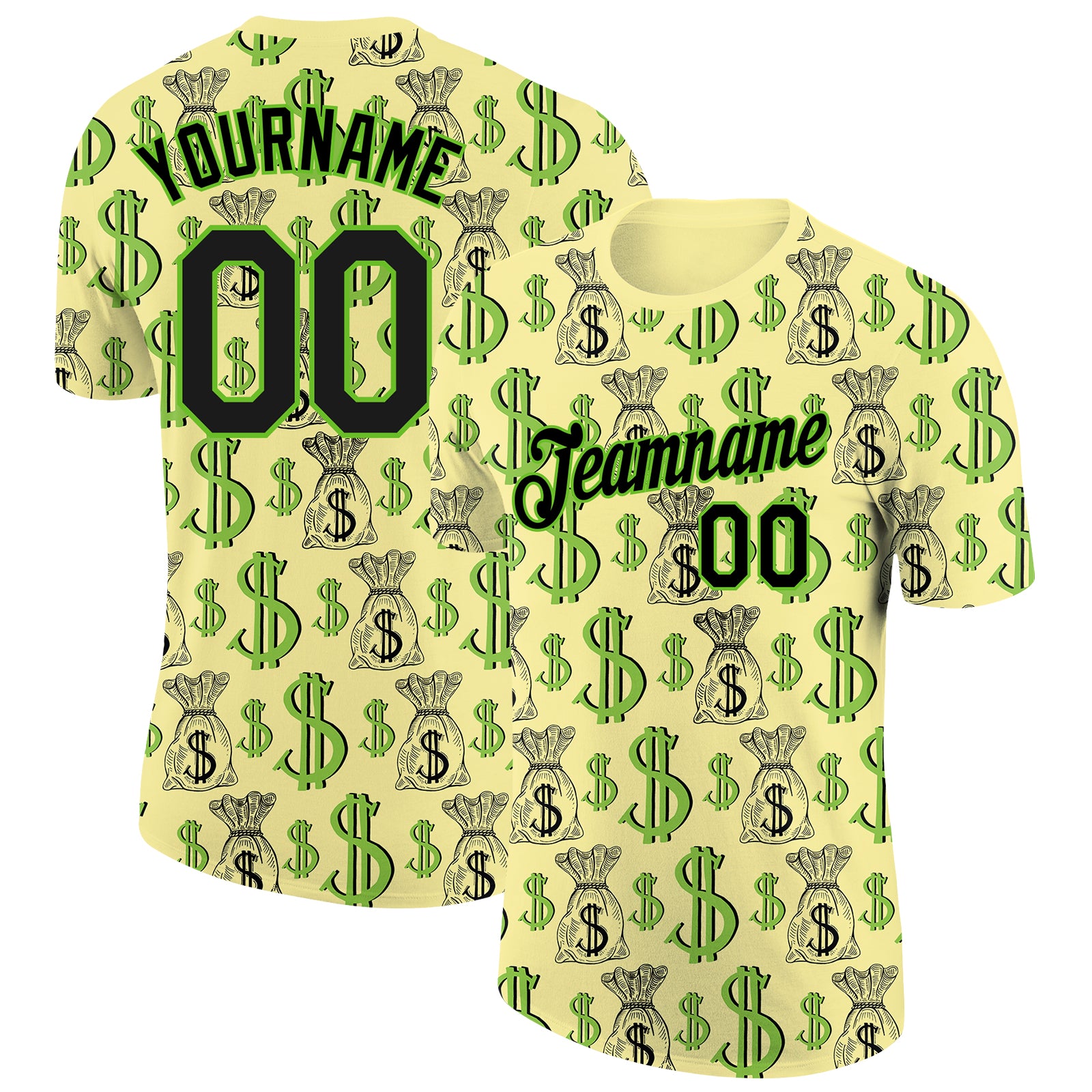 Personalized Dollar Sign Money Theme Performance T-Shirt with Custom Name & Number - Light Yellow Black-Aurora Green 3D Pattern Design