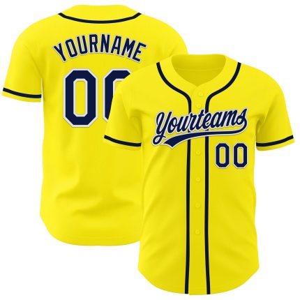 Custom Name & Number Authentic Baseball Jersey - Light Yellow Navy-White Team Design Personalized Light Yellow Navy-White