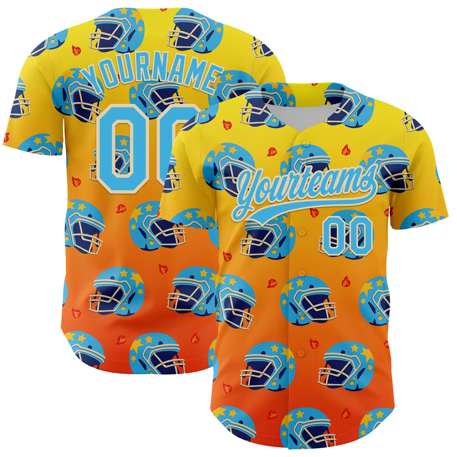 Personalized 3D Pattern Design Flame Football Helmet in Light Yellow, Sky Blue, Orange-Cream - Authentic Baseball Jersey