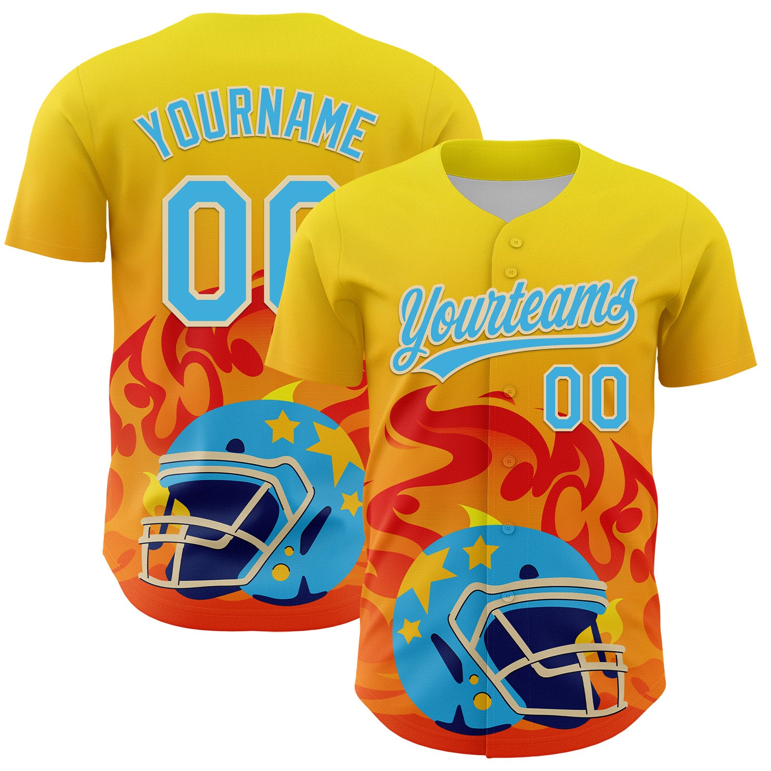 Custom Name and Number Authentic Baseball Jersey with Light Yellow Sky Blue 3D Flame Pattern Design, Team Colors Personalized