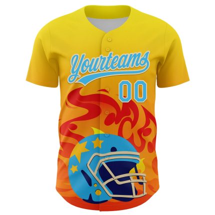 Custom Name and Number Authentic Baseball Jersey with Light Yellow Sky Blue 3D Flame Pattern Design, Team Colors Personalized