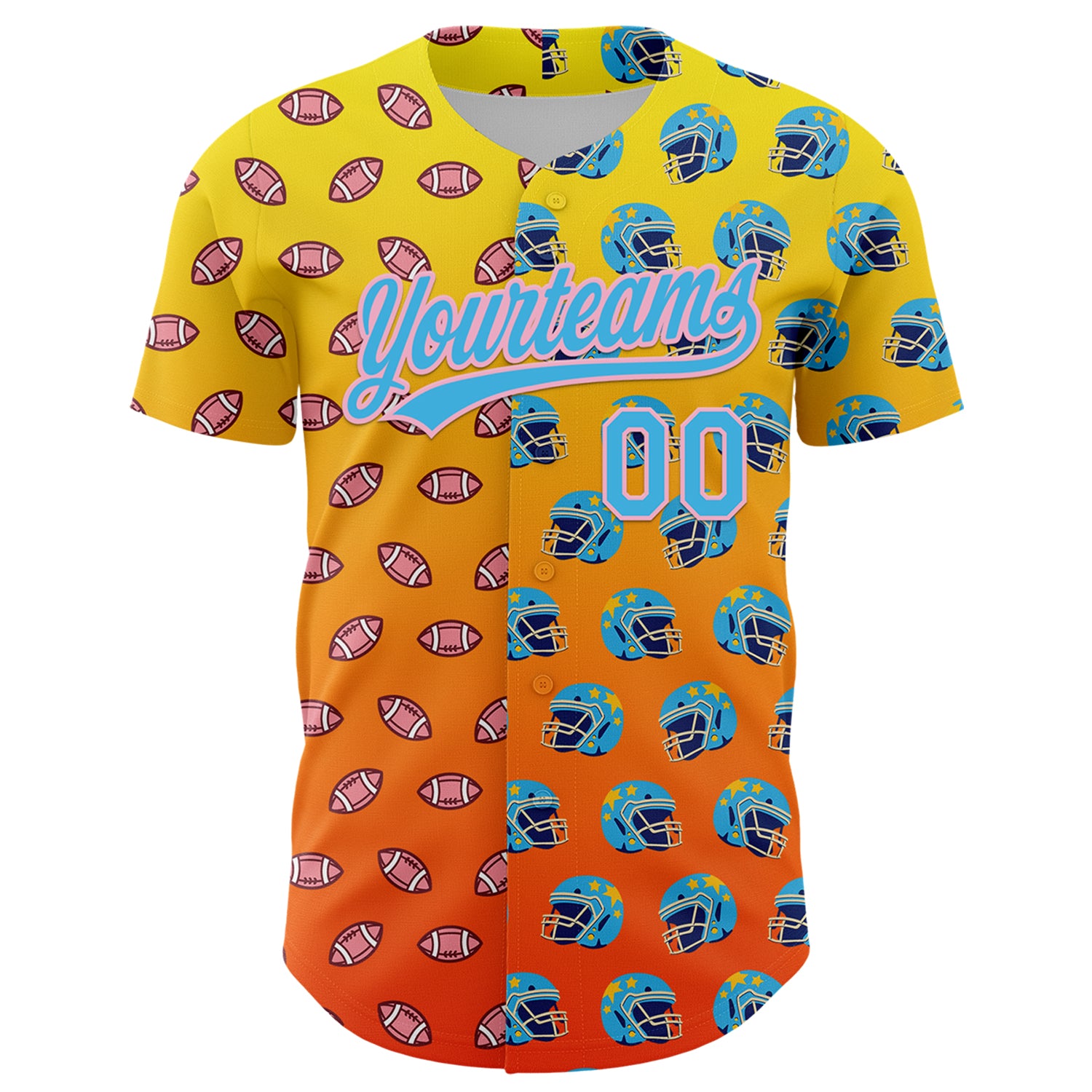 Personalized Light Yellow Sky Blue Orange-Medium Pink 3D Pattern Design Football Helmet And Football Elements Authentic Baseball Jersey Team Custom Name and Number Personalized Custom Name and Number Baseball Jersey with 3D Football Helmet and Elements in Light Yellow, Sky Blue, Orange, Medium Pink - Image 2