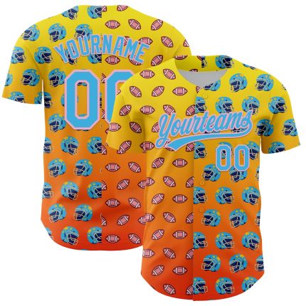 Personalized Custom Name and Number Baseball Jersey with 3D Football Helmet and Elements in Light Yellow, Sky Blue, Orange, Medium Pink