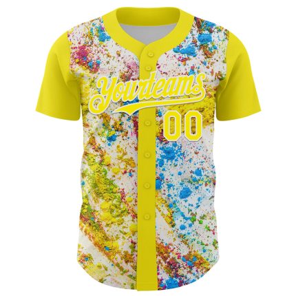 Custom Name and Number Authentic 3D Abstract Splatter Art Baseball Jersey - Light Yellow White Design Personalized Light