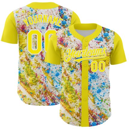 Custom Name and Number Authentic 3D Abstract Splatter Art Baseball Jersey - Light Yellow White Design Personalized Light