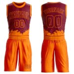 Custom Name and Number Basketball Jersey, Maroon Bay Orange Color Splash Round Neck Sublimation Suit Personalized Maroon