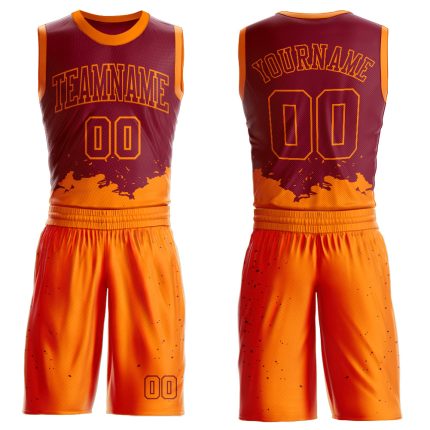 Custom Name and Number Basketball Jersey, Maroon Bay Orange Color Splash Round Neck Sublimation Suit Personalized Maroon