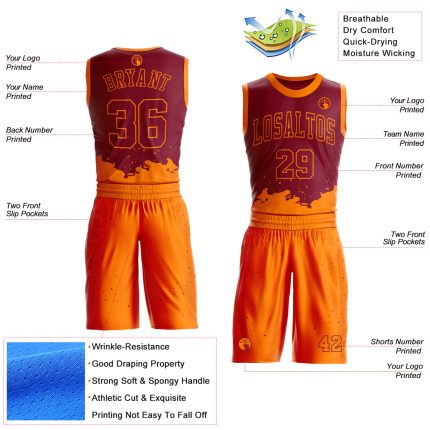 Custom Name and Number Basketball Jersey, Maroon Bay Orange Color Splash Round Neck Sublimation Suit Personalized Maroon