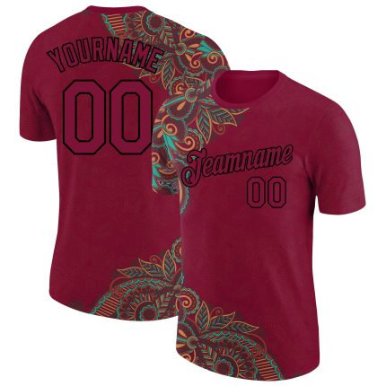 Custom Name Number Maroon Black 3D Floral Design Performance T-Shirt - Personalized Team Apparel Personalized Maroon Black