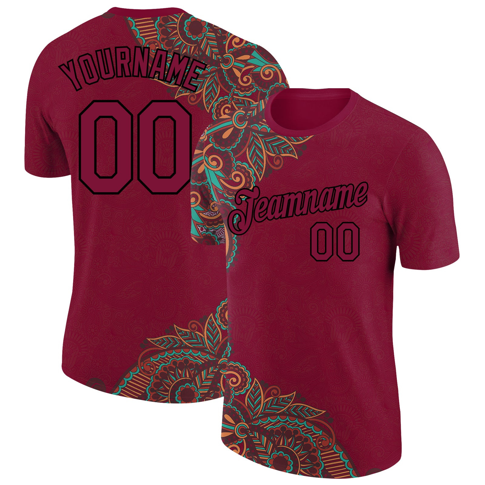 Custom Name Number Maroon Black 3D Floral Design Performance T-Shirt - Personalized Team Apparel Personalized Maroon Black