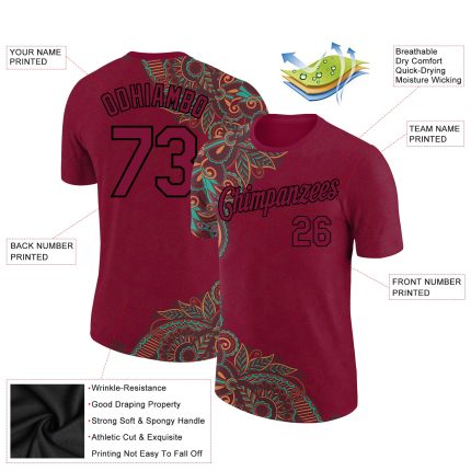 Custom Name Number Maroon Black 3D Floral Design Performance T-Shirt - Personalized Team Apparel Personalized Maroon Black