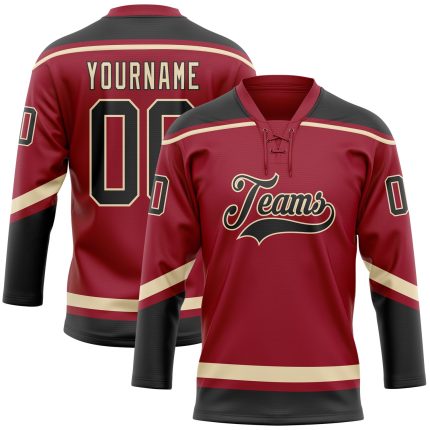 Custom Name and Number Personalized Maroon Black-City Hockey Lace Neck Jersey Personalized Maroon Black-City Cream Hockey