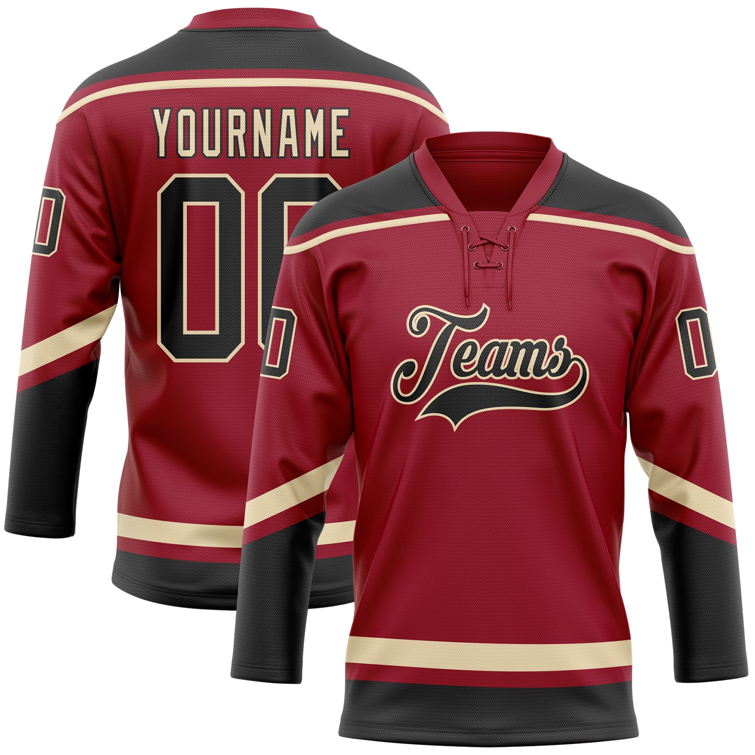 Custom Name and Number Personalized Maroon Black-City Hockey Lace Neck Jersey Personalized Maroon Black-City Cream Hockey