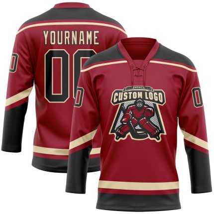 Custom Name and Number Personalized Maroon Black-City Hockey Lace Neck Jersey Personalized Maroon Black-City Cream Hockey