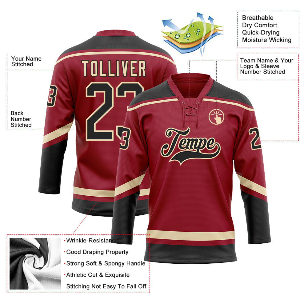 Personalized Maroon Black-City Cream Hockey Lace Neck Jersey Team Custom Name and Number Custom Name and Number Personalized Maroon Black-City Hockey Lace Neck Jersey Personalized Maroon Black-City Cream Hockey - Image 3