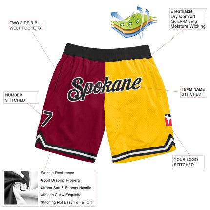 Custom Maroon Black Gold Basketball Shorts with Name and Number - Authentic Throwback Split Fashion Team Apparel Personalized