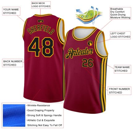 Personalized Authentic City Edition Basketball Jersey with Custom Name and Number - Maroon Black-Gold Side Stripes Personalized