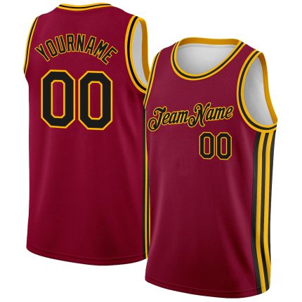 Personalized Authentic City Edition Basketball Jersey with Custom Name and Number - Maroon Black-Gold Side Stripes Personalized