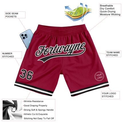 Personalized Authentic Basketball Shorts in Maroon, Black, and White - Throwback Style Personalized Maroon Black-White Authentic