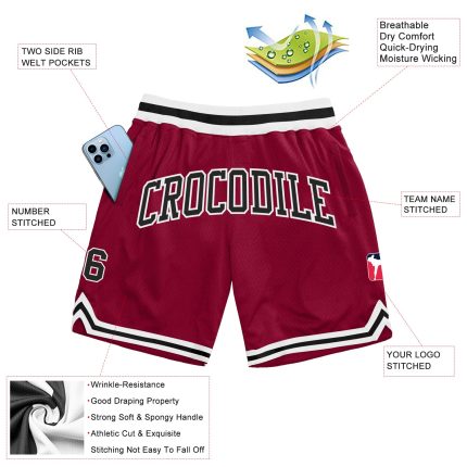 Custom Maroon Basketball Shorts with Name & Number - Authentic Throwback Style Personalized Maroon Black-White Authentic